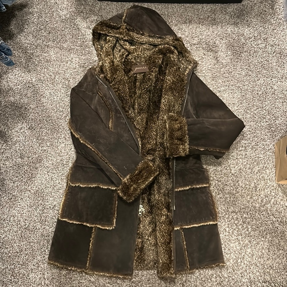 Guess leather and faux fur hooded coat